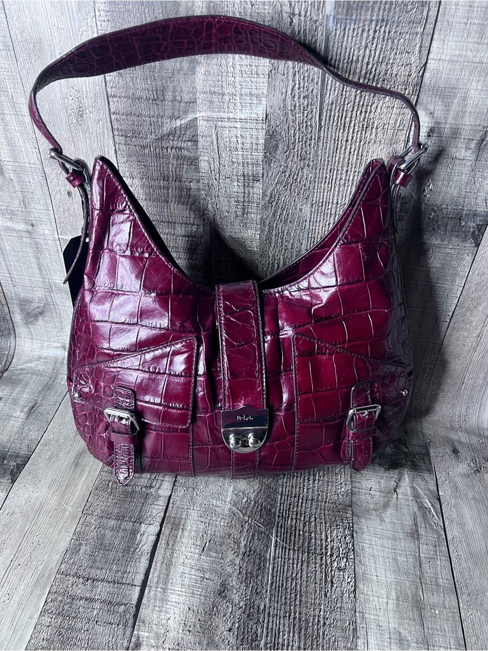 Ralph Lauren Croc-Embossed Leather Shoulder Bag